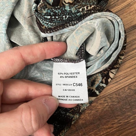 Cleo Y2K Paisley Wrap Top Brown Teal Floral Print 3/4 Sleeve Stretch Blouse S - Picture 6 of 6